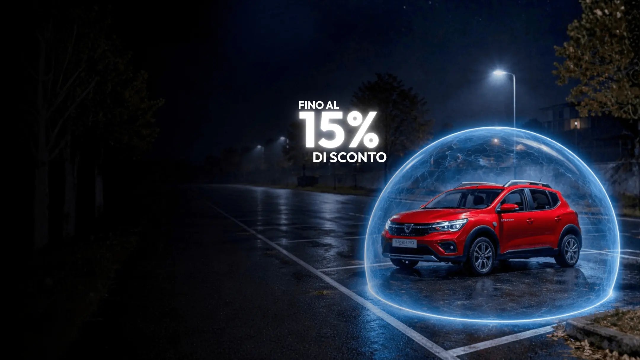 immagine di un'auto in un parcheggio protetta da Trackting antifurto GPS per auto e moto, con indicazione promo 15%