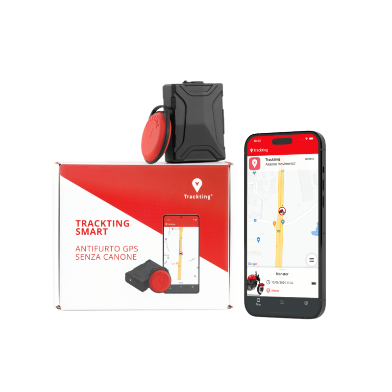 foto con scatola di Trackting SMART V2 e prodotto affianco allo smartphone